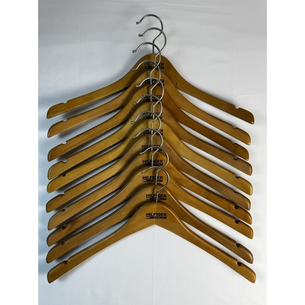 VTG HILFIGER DENIM SOLID WOOD HANGERS Lot Of 10 Retail Display Discontinued HTF